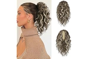 FLUFYMOOZ Ponytail Extension, 12" Short Claw Ponytail Extension Wavy Curly Jaw Clip in Pony tails Hair Extension Natural Synthetic Hairpiece for Women (Medium Brown Ash Blonde)