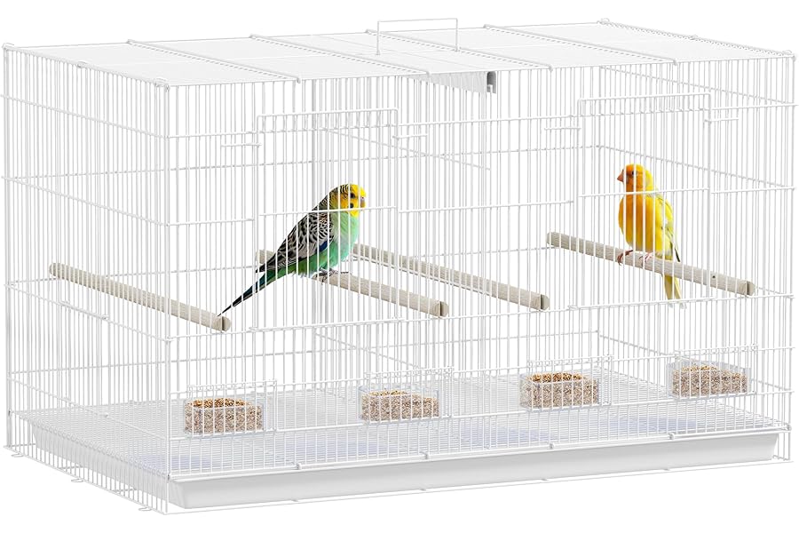 PawHut Bird Cage with Divider, Parrot Cage with 4 Wooden Perches, Slide Out Tray, 4 Feeders, for Budgie, Lovebird, Canary, Finches, 76 x 46 x 46cm, White