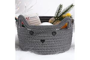 Zopeal Cat Storage Basket Woven Organizer with Ears Decorative Pet Toy Cute Bin Cotton Rope Basket for Gift Cat Dog Toy Container Nursery Room(8.3 x 4.7 Inch,Gray)
