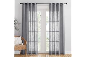 PONY DANCE Vorhänge Wohnzimmer Voile Gardinen Leinenoptik 2er Set H 210 x B 132 cm Dunkelgrau Vorhang Halbtransparent mit Ösen Fenster Gardine