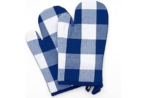 ASQUARE Set di guanti da forno, 2 guanti da forno a quadretti blu, in 100% cotone, pratici, guanti da cucina, resistenti al calore