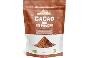 Poudre de Cacao Bio 400 g. Organic Cacao Powder. Naturel et Pur à partir de Fèves de Cacao Crues. Produit au Pérou par la Plante Theobroma Cacao. Source de Magnésium, Manganèse et Phosphore.