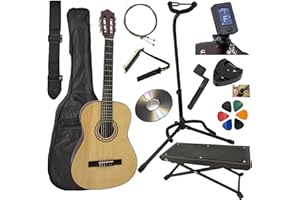 AMROVA Pack Guitare Classique 4/4 (Adulte) Support Guitare + Repose Pied + 9 Accessoires Cour Vidéo et CD (Naturel, 4/4, Droit)