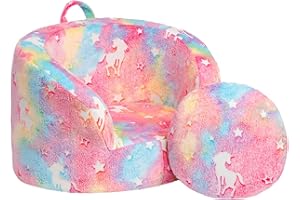 BEJOY Divano per bambini imbottito con schiuma Snug Foam, ergonomico, per la cameretta dei bambini, con cuscino rotondo, per ragazzi e ragazze, zucchero filato con unicorni