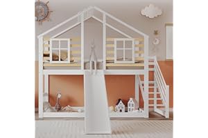 Ctastay Letto a Castello per Bambini 90x200, in Legno Massiccio con Scale, Recinzione, Scivolo e Finestra, Bianco, Materasso Non Incluso