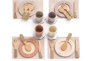 ROBOTIME Set di stoviglie in legno 29 pezzi per bambini, 4 set di piatti colorati, per giochi di ruolo, accessori da cucina Montessori, regalo e per bambine e bambini