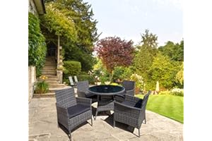 GOODS EMPORIUM 4 Seater Rattan Garden Furniture Dining Set 5 Piece Indoor, Outdoor, Patio, Conservatory Armchairs & Round Parasol/umbrella Table (Dark Grey Mixed With Dark Grey Cushions) RAIN COVER INCLUDED