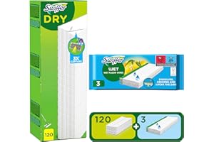 Swiffer Paños Secos Para Mopa, Recambios Secos 120 Unidades Y Recambios Húmedos Para Suelos 3 Unidades, Atrapa Y Retiene 3 Veces Mucho Polvo, Suciedad Y Pelo Que Una Escoba O Mopa Convencional