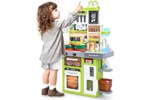 CUTE STONE Cucina giocattolo, lavello, fornello con vapore, luci e suoni, 63 pezzi di accessori da cucina giocattolo con cibo giocattolo, pentole, utensili, set da cucina per bambini, pe