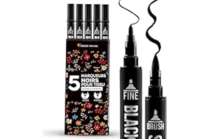 Zenacolor 5 Feutre Textile Permanent Noir à Double Pointe pour Vêtements - Marqueur Textile Permanent pour Personnaliser T-shirts, Sacs, Chapeaux, Toiles et Textiles