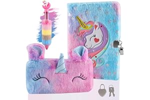 Beihre Diario Segreto Bambina con Lucchetto, Unicorno Diario Peluche con Sacchetto Della Penna e Penna Multicolore, Cancelleria Bambina Regalo di Natale (Blu)