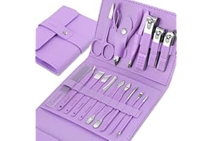 Leipple Maniküre Set 16 stücke Professionelles Nagelknipser Kit Pediküre Kit - Pflegeset aus Edelstahl Nagelpflege Werkzeuge mit luxuriöser Leder Reisetasche (Lila)