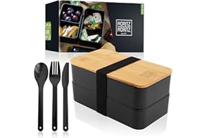 Moritz & Moritz Bento Box Nero - Lunch Box da Porta Pranzo perfetta per Adulti e Bambini - Portapranzo con Posate - Lunchbox con Scomparti ideale per il Lavoro, la Scuola e in Viaggio