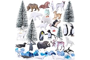SIENON 60Pcs Arctic Animal Toy Set, Mini Winter Creatures Figures with Polar Bear, Penguin, Caribou, Puffin, Lynx, Igloo, Pine Trees, Fake Ice Rocks for School Project Birthday Cake Decorations