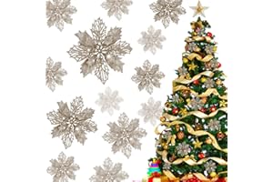 Luchild 12 pezzi Glitter Fiori di Natale, Stella di Natale Fiori Artificiali Albero di Natale Ornamenti con 12 clip, decorazioni glitterate per Natale, matrimonio e Capodanno - 16 cm (Champagne)