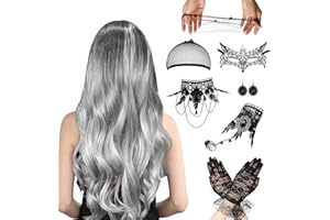 CPKONUUIP 9 Stück Perücke Halloween Damen,Halloween Perücke Damen,Perückes Damens Grau Lang,Perückes Grau,Perück Damens,Hexenperück Gotisch Halskette Armbänder,für Halloweens Rollenspielparty