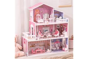 ROBUD Drewniany domek dla lalek, zestaw do zabawy, 3 historie, 5 pokoi, 24 meble do zabawy, prezent dla dzieci, małych dzieci i dziewczynek