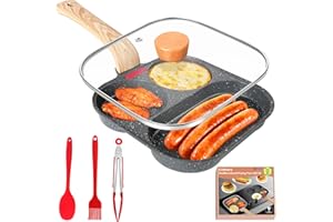 Gimars Padella Antiaderente per Frittata con Coperchio Padella Pancake Multifunzionale a 3 Fori in Alluminio a Gas Induzione per Uova Hamburger Omelette Prosciutto Colazione,con Spatola Pennello Clip