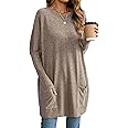 Famulily Long Tunics for Women Casual Solid Color Oversized Long Tshirt Crew Neck Sweatshirt with Pockets