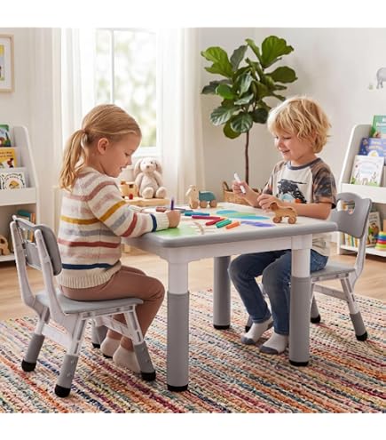 AufuN Kindertafel Met 4 Stoelen - In Hoogte Verstelbaar Plastic Kindermeubels Grijs