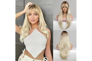 Honygebia Peluca Rubia Clara con Flequillo - Pelucas Rubias Platino Degradado para Mujeres Blancas, Cabello Sintético Largo y Liso resistente al Calor, Pelucas Naturales para Halloween/Navidad/Fiesta