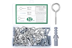 BUT THE COW 26 Pz Occhielli a Vite per Legno, Ganci a Vite Avvitabili, Viti a Occhiello, Viti per Occhielli in Acciaio Inossidabile con Tassello di Ancoraggio per Soffitto Parete Fai da te Artigianato, M5x70mm