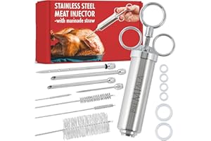 Premiala Único jeringa cocina de acero inox 304 en las partes que tocan la comida, +3 agujas, 5 juntas tóricas, eBook! Kit de 60 ml con jeringuilla cocina profesional inyector para carne inyector de salsas para marinar ternera, pollo y pavo!