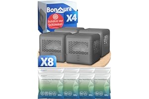 BonAura® 4x Luftentfeuchter ohne Strom + 8x 400g Luftenfeuchter Nachfüllpack - Raumentfeuchter bis 40m² für Keller, Bad uvm. - Entfeuchter und Luftentfeuchter Granulat im Set - Schutz vor Schimmel