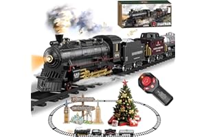 BUBUQE Electric Remote Control Train Set Christmas Trains Steam Locomotive, Cargo Car & Tracks, Rechargeable Train Toys for Kids w/3 Smoke,Whistle & Lights, Christmas Birthday Gift for Boys Girls 3 4 5 6 7