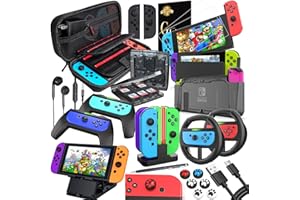 Deruitu Zubehör Set Kompatibel mit Nintendo Switch (18 in 1) - Switch Accessories Bundle mit Tasche, Schutzfolie, Schutzhülle, Ständer, Joycon Griff und Lenkrad, Ladestation für Joy-Con Controller