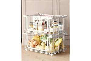 UMDONX 2 Piezas Cestas Almacenaje Cocina Cestas de Alambre 39,5x32,5x20cm Cesta Metálica Grande Apilable con Asa Almacenamiento de Frutas y Verduras(Blanco)
