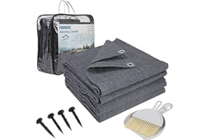 FoundGo Tapis d'auvent de Camping Car avec œillets, 280g/m² HDPE Tapis de Camping，Sol d'auvent extérieur avec Sac de Transport，Clous en Acier et Petit Balai