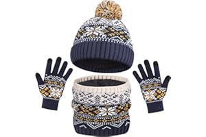 AOTOW Boys Hat Scarf and Gloves Set - Girls Kids Hat and Gloves Set 3pcs Winter Thermal Knitted Beanie Cap & Circle Scarf & Magic Gloves with Fleece Lining Snow Pattern for Children Warm 5-10 Years Old