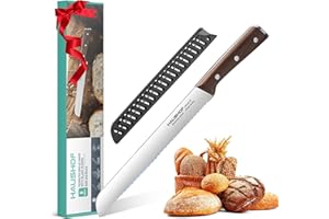HAUSHOF Coltello da Pane 20 cm, Coltello da Cucina Seghettato in Acciaio Inox con Manico Ergonomico in Legno a Codolo Intero, Ideale per Affettare Pane, Bagel, Torte
