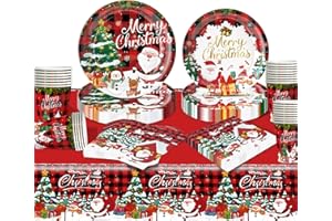 Meriviva 97 Pcs Christmas Party Tableware, Christmas Paper Plates Set with Paper Plates and Napkins Cups Tablecloth Party Table Decorations (Style 2)