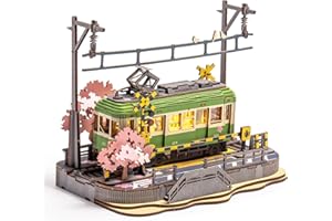 ROBOTIME Zestaw modeli dla dorosłych do budowy tramwaju Sakura ze światłami LED, drewniane puzzle 3D, dekoracja domu, prezent dla dorosłych, kobiet, dziewcząt