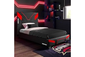 X-Rocker Cerberus MKII 3ft Single, Gaming Upholstered Bed Frame - Flat-pack for Easy Assembly, Breathable Comfort, Wooden Slats, Wipe-Clean Faux Leather for Kids & Teens - Carbon Red - 90x190cm