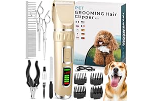 LIWQOLX Dog Clippers, Cordless Dog Grooming Kit, Rechargeable 3-Speed Low Noise Pet Grooming Kit for Dog Cat and Other Pets (Gold)