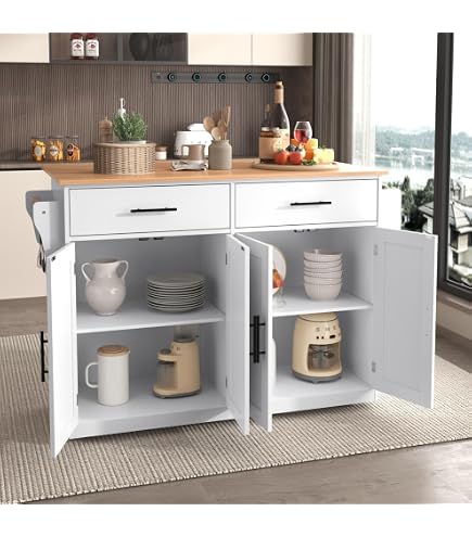 Îlot De Cuisine Merax Avec Niche Pour Chat - Buffet Rangement Tiroirs, Portes, étagère à épices