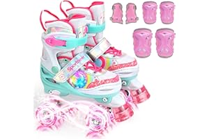 SPORTNEER Patines de ruedas para niños, patines para niñas con 4 tamaños ajustables, patines para niños pequeños con 8 ruedas LED iluminadas en los lados, zapatos de patinaje iluminados con equipo de protección