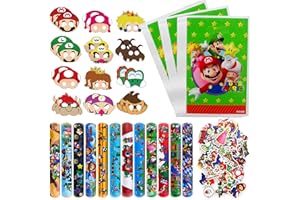 CLVSYH 94Pcs Niños Super M-ario Fiesta de Cumpleaños Set, 12 Slap Pulseras, 12 Máscaras, 20 Bolsas de Regalo, 50 Pegatinas, Pulseras Slap para Niños Accesorios para Fiestas