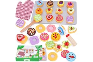 KMTJT Wooden Slice and Bake Cookie Play Food Set for Kids Kitchen - Toy Food Accessories - Kids Pretend Cookies and Baking Sheet, Toy Baking Set for 3+ Year Old Boys Girls Birthday Gifts