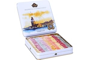ÇEREZ PAZARI Cerez Pazari Turkish Delight Candy Gift Basket 725g, Gourmet Lokum Dessert Corporate, Christmas, Thanksgiving, Halloween Food Gifts in Elegant Tin Box with 6 Unique Flavors -No Nuts