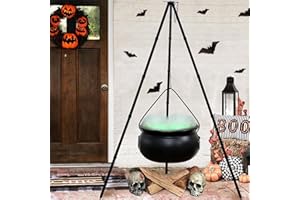 YOLIMOK Witches Cauldron, Outdoor Halloween Decorations Large Witches Cauldron on Tripod with Lights, Black Plastic Bowl Halloween Decor Witch Pot Candy Bucket Halloween Decoration for Yard, Garden (Large)