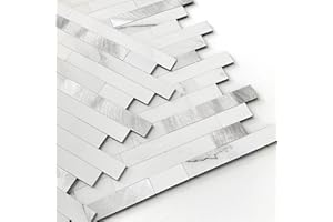 M MOFIT 3D Brick Marble Tile Sticker Self-Adhesive Wall Panels for Kitchen Bathroom Decor Peel and Stick Tile Waterproof(White Silver,5sheets)