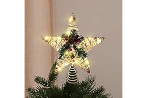 23GUANYI Estrella Arbol de Navidad con 20 Luces LED, Estrella para Arbol Navidad, Decoración Árbol Estrella para Interior Oficina Festivo Xmas Año Nuevo Decoraciones árbol Vacaciones (Hilo algodón con Flores)