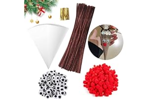 CLHXWU 500 Pcs Fils Chenilles Marrons Set,Cure Pipe Marron,Sacs à Cône Transparent,Pompons Rouges,Yeux Auto-Adhésifs,Chenille Loisir Creatif Noel Pour Bricolage De Noël Fait à La Main