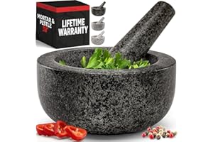 PRIORITY CHEF Heavy Duty Large Mortar and Pestle Set, Hand Carved from Natural Granite, Make Fresh Guacamole, Salsa, Pesto, Stone Grinder Bowl, Herb Crusher, Spice Grinder, 6.3 Inch Size, Black
