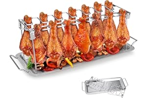 Tigerkinwit Soporte para Muslos de Pollo,Parrilla para Alas de Pollo Parrilla para Alitas de Acero Inoxidable con Bandeja 14 Ranuras Apoyo de Pollo Accesorio de Barbacoa y Horno