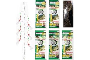 MXYVRIX 30 Pièces Bas de Ligne à Plumes de Maquereau Pré-noués avec Perles Lumineuses, Hameçons Lumineux à Haute Teneur en Carbone, Appâts Bioniques pour Pêche en Mer